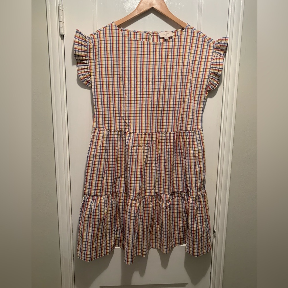 LOFT NWT Flutter Sleeve Colorful Plaid Tiered Midi Dress